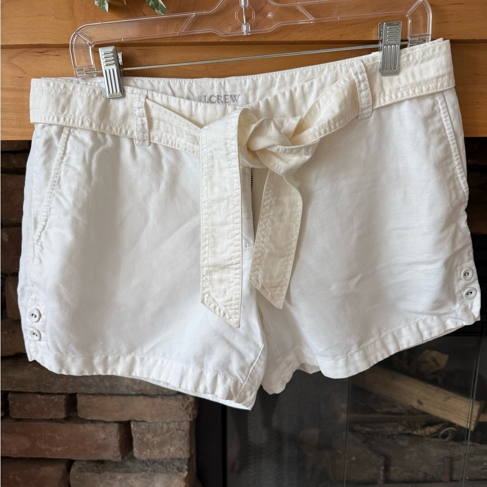 J. Crew White Linen Cotton Blend Shorts with Tie Belt, Pockets Size 8